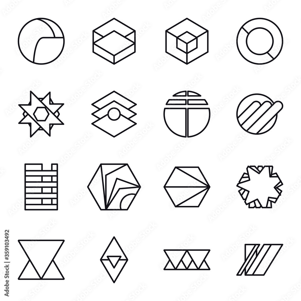 Poster geometric and abstract 3d shapes line style icon set vector design