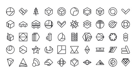geometric and abstract 3d shapes line style icon set vector design