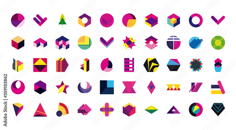 Poster geometric and abstract 3d shapes flat style icon set vector design