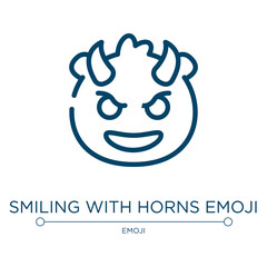 Smiling with horns emoji icon. Linear vector illustration from emoji collection. Outline smiling with horns emoji icon vector. Thin line symbol for use on web and mobile apps, logo, print media.