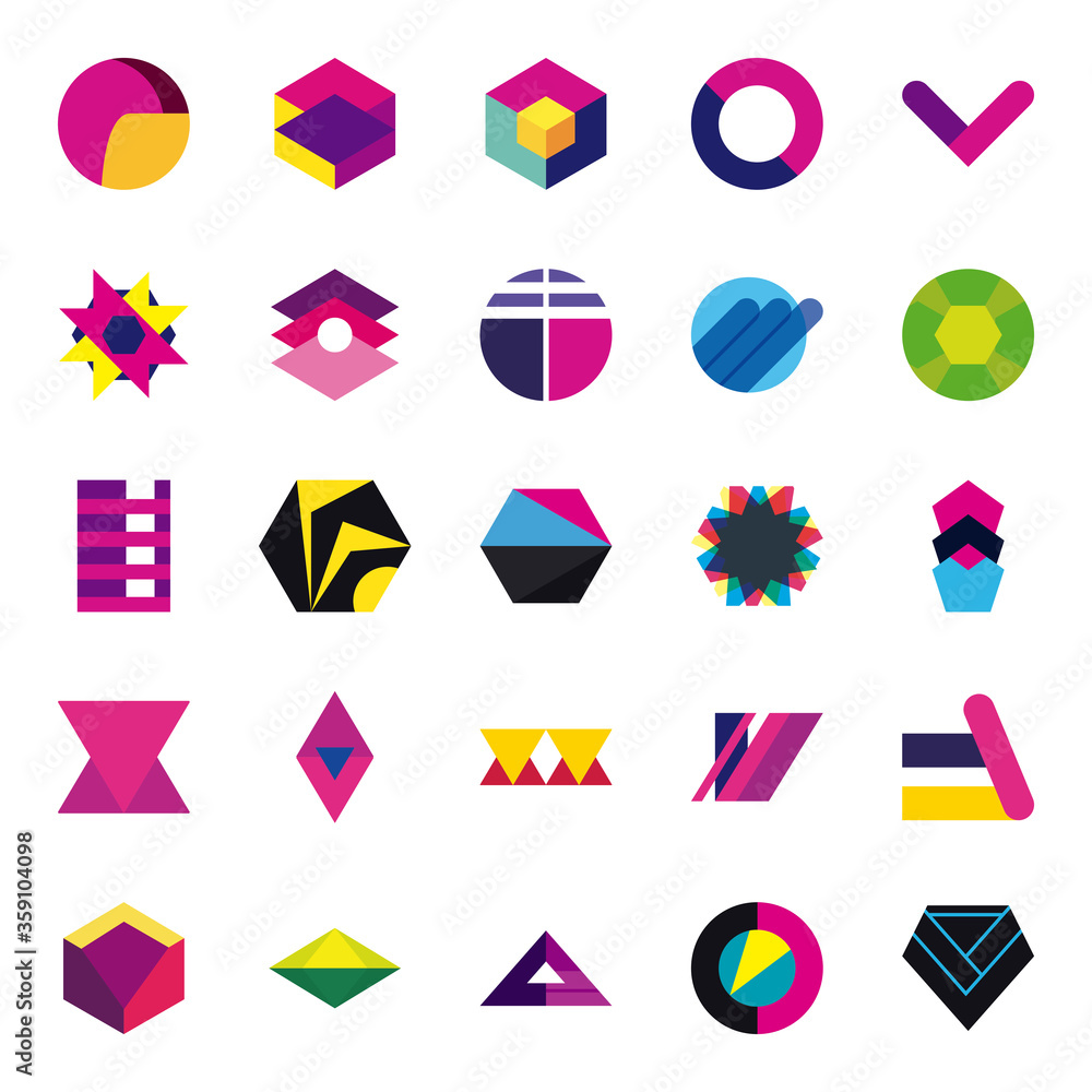 Poster geometric and abstract 3d shapes flat style icon set vector design