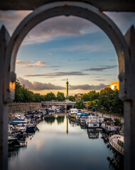 Paris, France Bastille column view from canal saint-Martin Inside geometric shapes