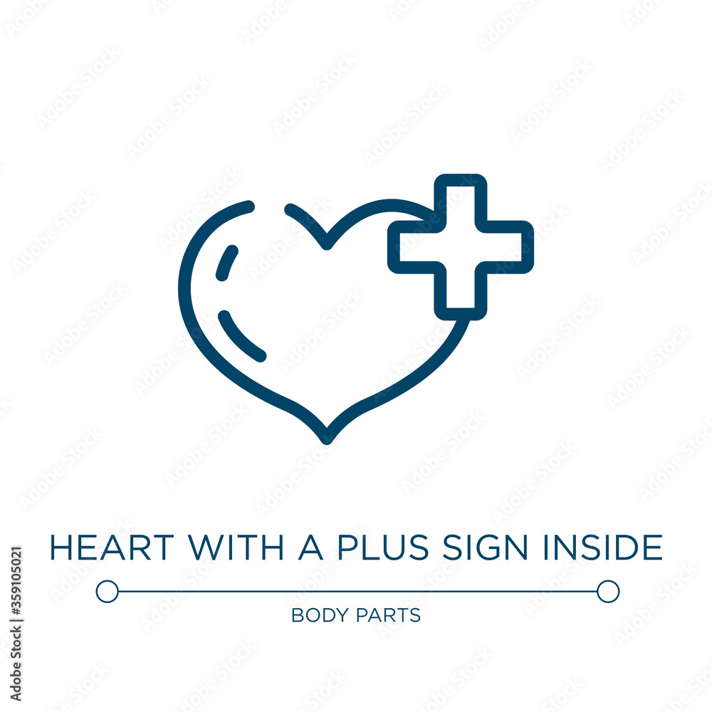 Poster Heart with a plus sign inside icon. Linear vector illustration from medicine and health collection. Outline heart with a plus sign inside icon vector. Thin line symbol for use on web and mobile apps,