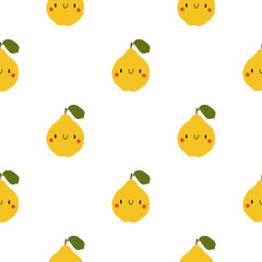 Kawaii Cartoon Quince. Seamless Vector Patterns