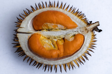 Fruits of Sabah Borneo called Durian Dalit and its flesh is in orange color. The Durian Dalit for...