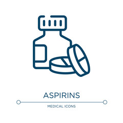 Aspirins icon. Linear vector illustration from in the hospital collection. Outline aspirins icon vector. Thin line symbol for use on web and mobile apps, logo, print media.