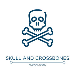 Skull and crossbones icon. Linear vector illustration from in the hospital collection. Outline skull and crossbones icon vector. Thin line symbol for use on web and mobile apps, logo, print media.