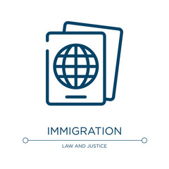 Immigration icon. Linear vector illustration from law and justice collection. Outline immigration icon vector. Thin line symbol for use on web and mobile apps, logo, print media.
