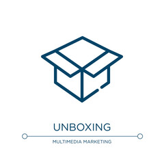 Fototapeta na wymiar Unboxing icon. Linear vector illustration from marketing and e commerce collection collection. Outline unboxing icon vector. Thin line symbol for use on web and mobile apps, logo, print media.
