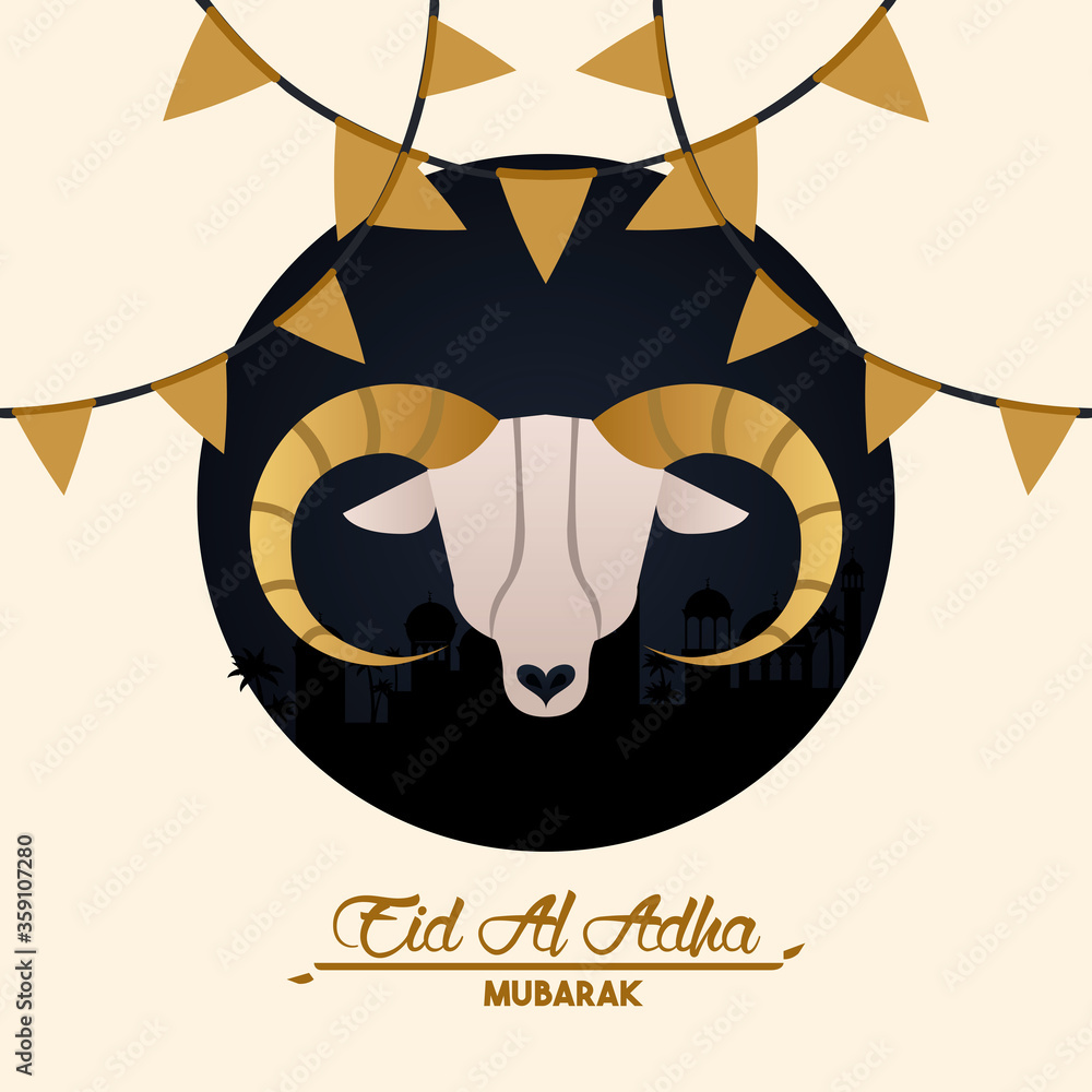 Wall mural eid al adha celebration card with goat head and garlands