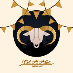eid al adha celebration card with goat head and garlands