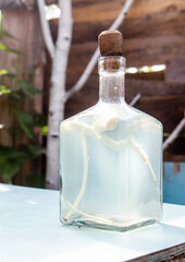 Beautiful bottle with moonshine and horseradish. Homemade alcoholic drink in a decanter with village background