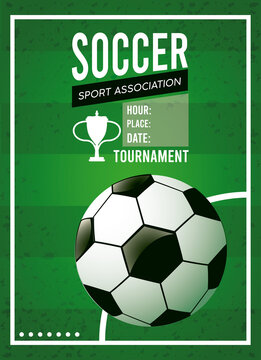 soccer league sport poster with balloon in green background