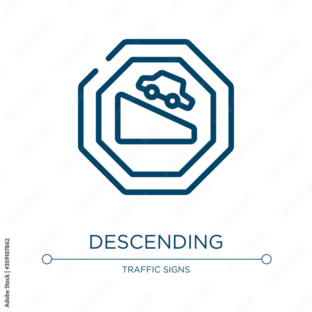 Poster descending icon. linear vector illustration from traffic signs collection. outline descending icon v