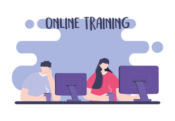 online training, students using computer with coffee cups, education and courses learning digital