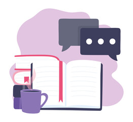 online training, books talk bubbles and coffee cup, education and courses learning digital