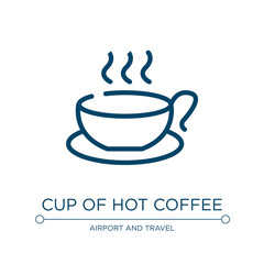 Cup of hot coffee icon. Linear vector illustration from in the airport collection. Outline cup of hot coffee icon vector. Thin line symbol for use on web and mobile apps, logo, print media.