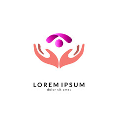 Hand with people logo, kids care icon, family vector illustration symbol