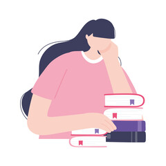 online training, young woman and stack of books, education and courses learning digital