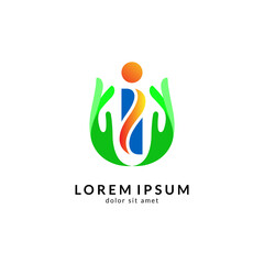 Hand with people logo, kids care icon, family vector illustration symbol