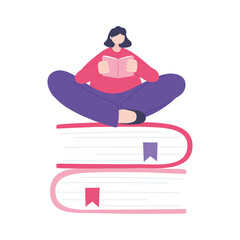 online training, girl reading book sitting on stack of books, education and courses learning digital