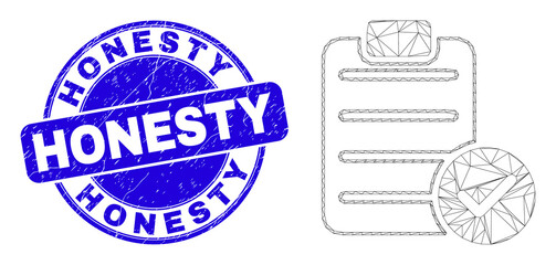 Obraz premium Web carcass accept pad text pictogram and Honesty seal. Blue vector rounded textured seal with Honesty title. Abstract carcass mesh polygonal model created from accept pad text icon.