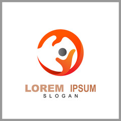 Hand with people logo, kids care icon, family vector illustration symbol