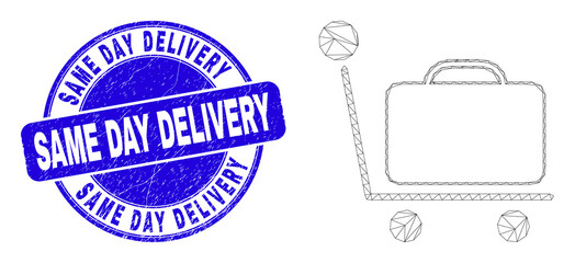 Web mesh baggage cart pictogram and Same Day Delivery seal stamp. Blue vector rounded grunge seal stamp with Same Day Delivery message.