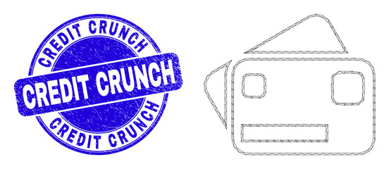 Obraz premium Web mesh bank cards pictogram and Credit Crunch seal stamp. Blue vector round scratched seal stamp with Credit Crunch caption. Abstract frame mesh polygonal model created from bank cards pictogram.