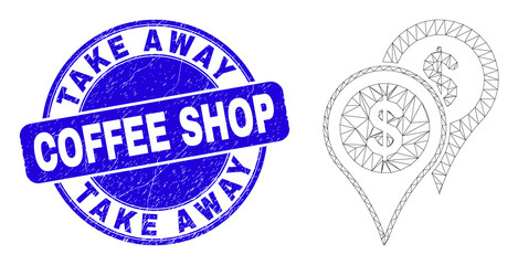 Web carcass bank map markers icon and Take Away Coffee Shop seal stamp. Blue vector rounded grunge stamp with Take Away Coffee Shop caption.