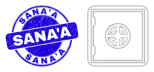 Obraz premium Web carcass banking safe pictogram and Sana'A seal stamp. Blue vector round textured seal stamp with Sana'A phrase. Abstract carcass mesh polygonal model created from banking safe pictogram.