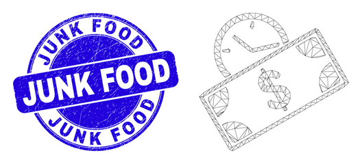 Obraz premium Web mesh banknote credit time pictogram and Junk Food seal. Blue vector rounded distress seal with Junk Food message. Abstract carcass mesh polygonal model created from banknote credit time pictogram.