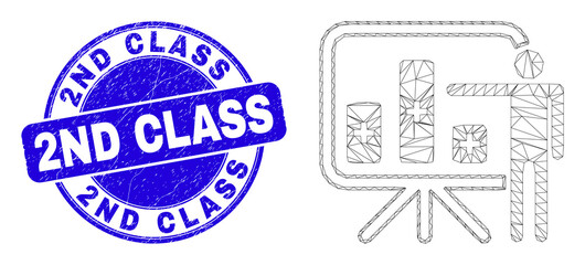 Web carcass bar chart presentation pictogram and 2Nd Class stamp. Blue vector rounded grunge seal stamp with 2Nd Class phrase.