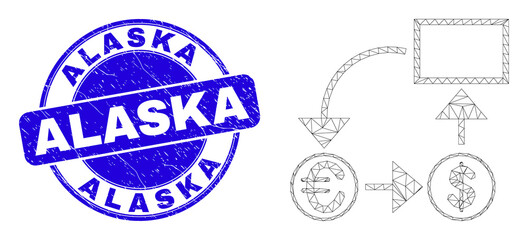 Web mesh currency conversion scheme pictogram and Alaska watermark. Blue vector round grunge watermark with Alaska phrase.