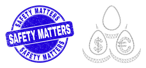 Web mesh currency deposit eggs icon and Safety Matters seal stamp. Blue vector rounded distress seal stamp with Safety Matters title.