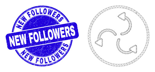 Obraz premium Web mesh cyclone arrows pictogram and New Followers seal. Blue vector round distress seal with New Followers phrase. Abstract carcass mesh polygonal model created from cyclone arrows icon.