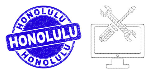 Web mesh desktop options pictogram and Honolulu seal. Blue vector rounded textured seal stamp with Honolulu title. Abstract carcass mesh polygonal model created from desktop options pictogram.