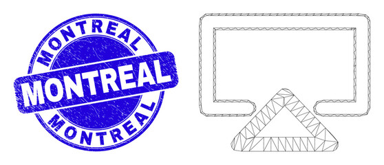 Web carcass display icon and Montreal watermark. Blue vector round distress stamp with Montreal text. Abstract carcass mesh polygonal model created from display icon.