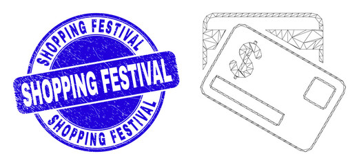 Web mesh dollar bank cards icon and Shopping Festival stamp. Blue vector round distress stamp with Shopping Festival phrase. Abstract frame mesh polygonal model created from dollar bank cards icon.