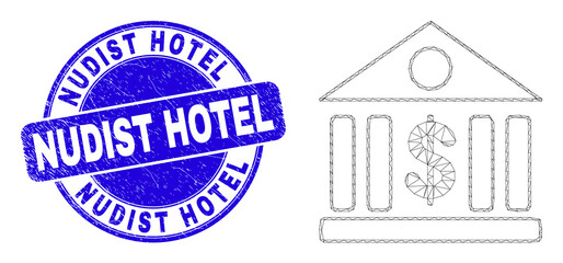 Web carcass dollar bank pictogram and Nudist Hotel seal stamp. Blue vector round distress seal stamp with Nudist Hotel message.