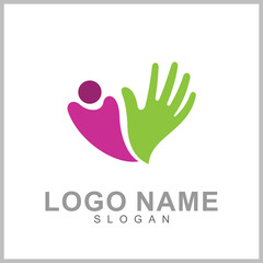Fototapeta premium Hand with people logo, kids care icon, family vector illustration symbol