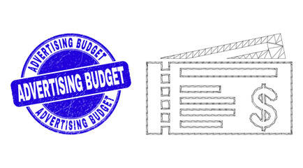 Obraz premium Web carcass dollar cheques icon and Advertising Budget seal stamp. Blue vector rounded grunge seal stamp with Advertising Budget title.
