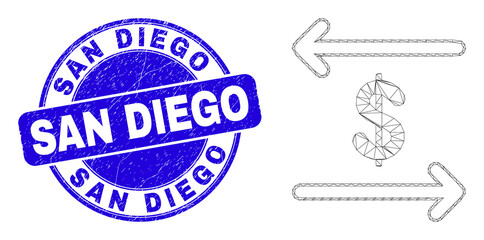 Web carcass dollar exchange arrows pictogram and San Diego seal stamp. Blue vector round grunge seal stamp with San Diego message.