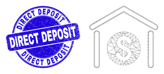 Web mesh dollar garage bank pictogram and Direct Deposit seal stamp. Blue vector rounded distress seal stamp with Direct Deposit phrase.