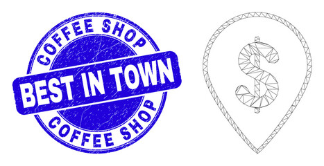 Web mesh dollar map marker icon and Coffee Shop Best in Town seal stamp. Blue vector round textured seal stamp with Coffee Shop Best in Town message.