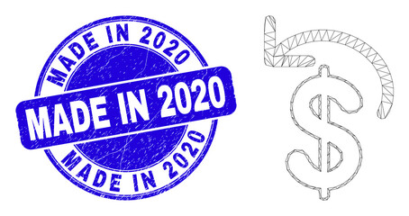 Web carcass dollar refund icon and Made in 2020 watermark. Blue vector round textured watermark with Made in 2020 phrase. Abstract carcass mesh polygonal model created from dollar refund icon.
