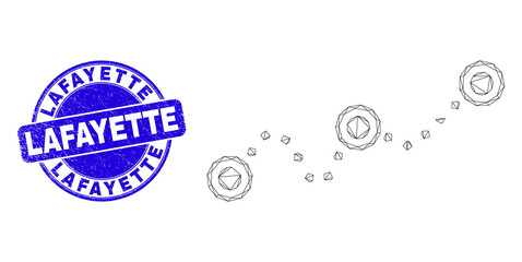 Web mesh dotted chart pictogram and Lafayette seal. Blue vector rounded grunge seal with Lafayette title. Abstract frame mesh polygonal model created from dotted chart pictogram.