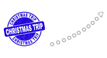 Obraz premium Web mesh dotted up trend arrow icon and Christmas Trip seal stamp. Blue vector rounded textured seal stamp with Christmas Trip text.