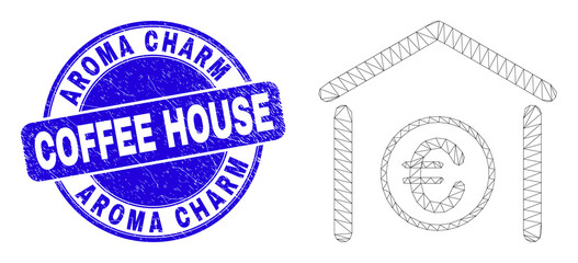 Web carcass euro bank pictogram and Aroma Charm Coffee House stamp. Blue vector round textured seal with Aroma Charm Coffee House title.