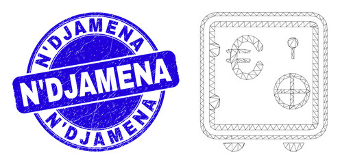 Obraz premium Web mesh euro banking safe pictogram and N'Djamena seal stamp. Blue vector rounded distress stamp with N'Djamena title. Abstract frame mesh polygonal model created from euro banking safe icon.